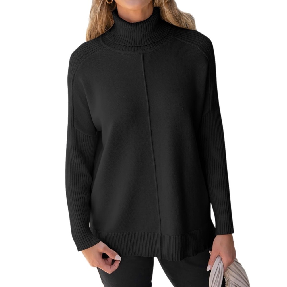 Anrabess Women’s Black Oversized Seam Front Turtleneck Pullover